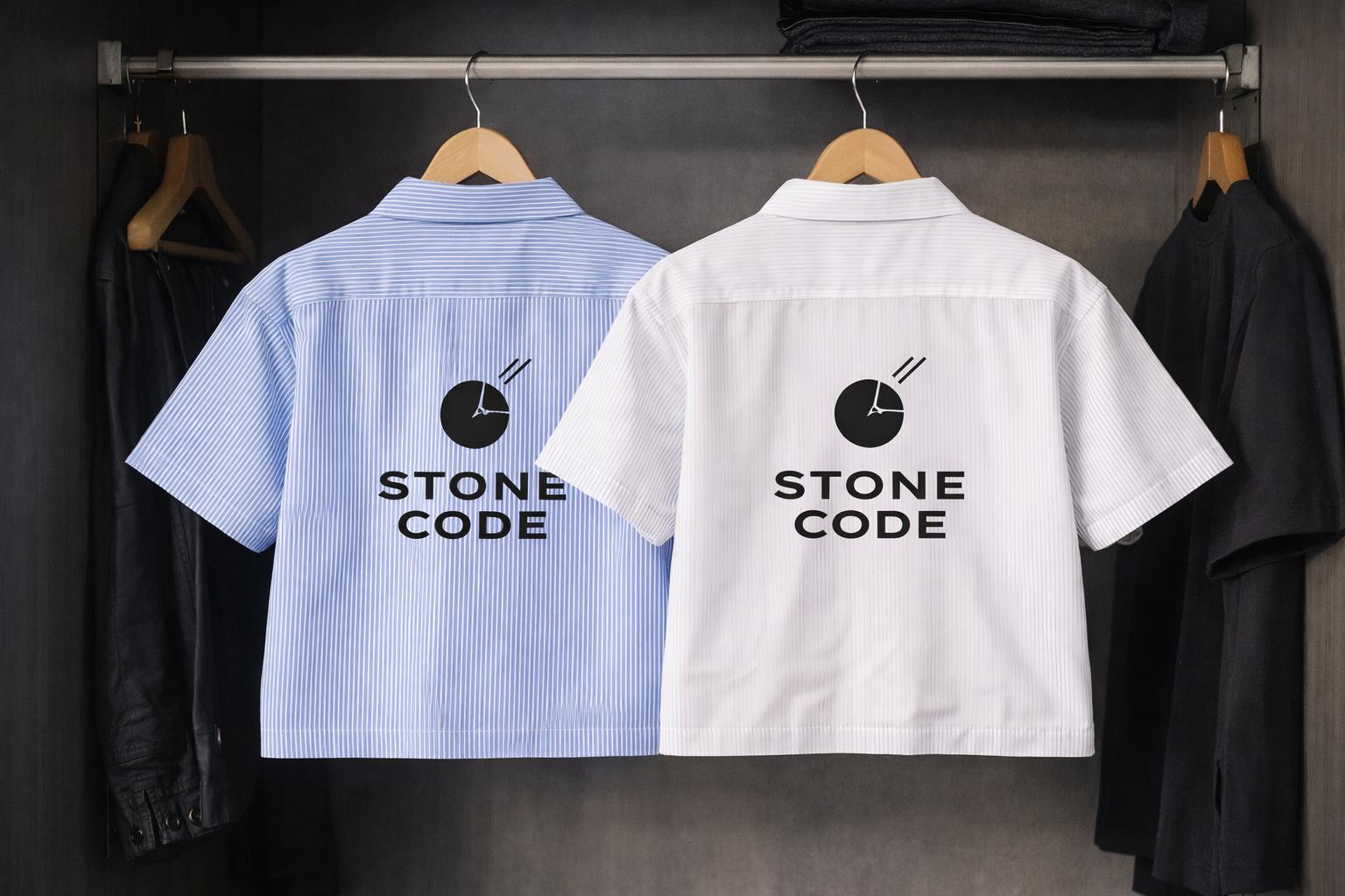 Two oversized boxy shirts, one light blue and one white, both with vertical stripes and "STONE CODE" logo on the back.