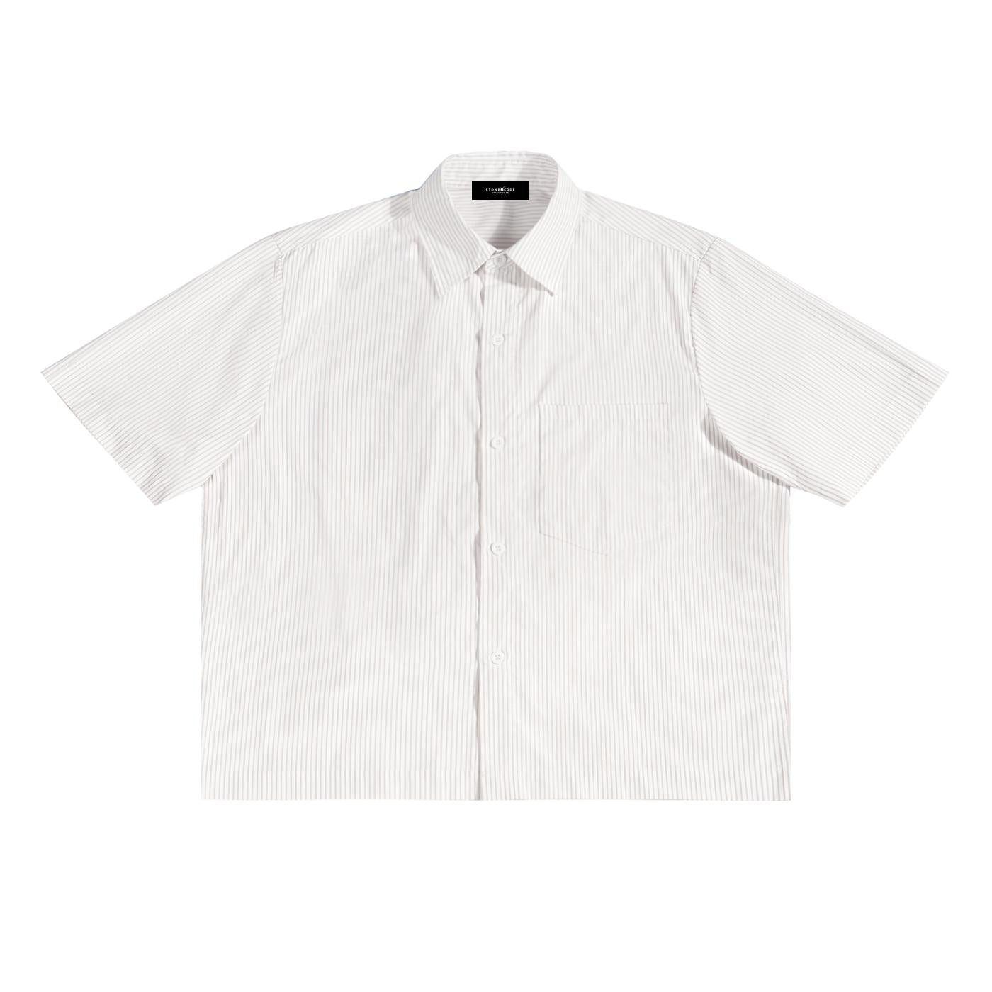 White oversized boxy shirt with subtle vertical stripes, short sleeves, lapel collar, and a chest pocket.