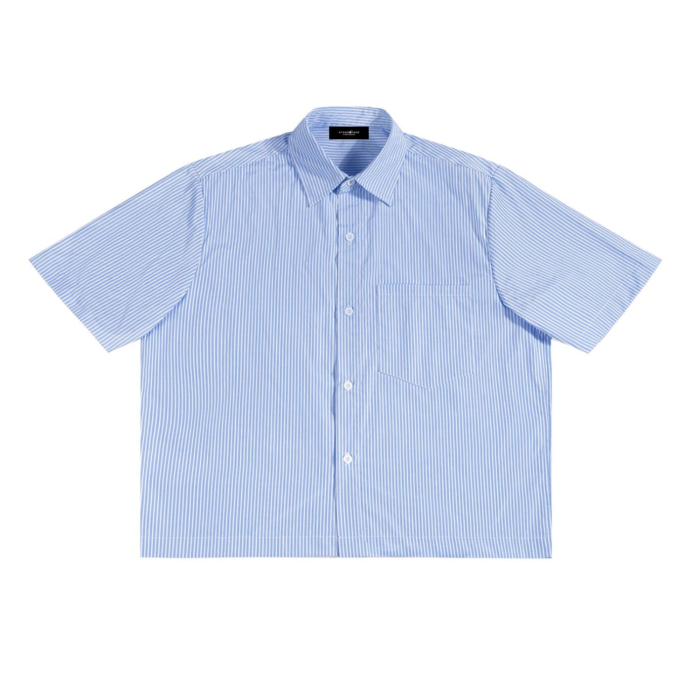 Oversized blue and white vertical stripe boxy shirt with short sleeves, lapel collar, and chest pocket.