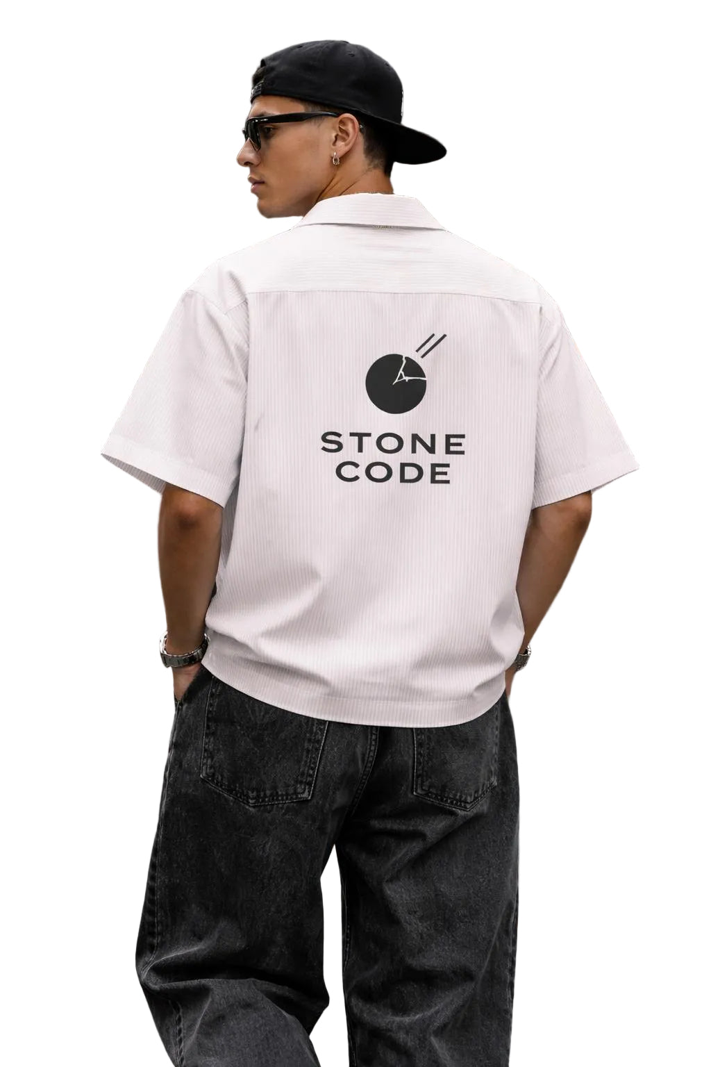 Unisex oversized white polyester boxy shirt with vertical stripes and "STONE CODE" logo on back.