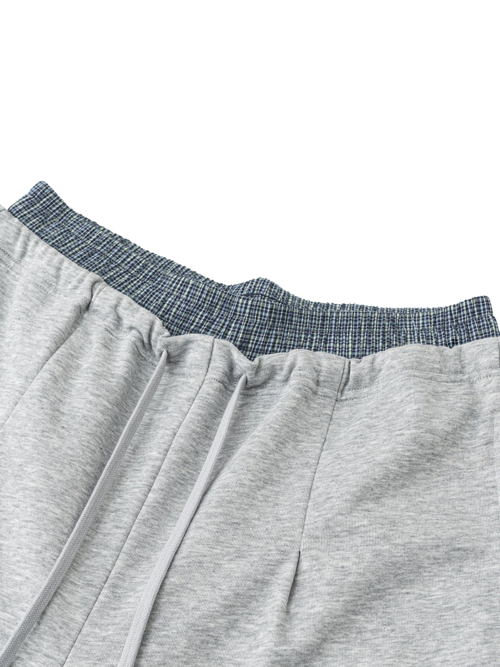 Gray cotton-polyester blend plaid contrast waist pants with drawstring, ideal for casual or sporty wear.