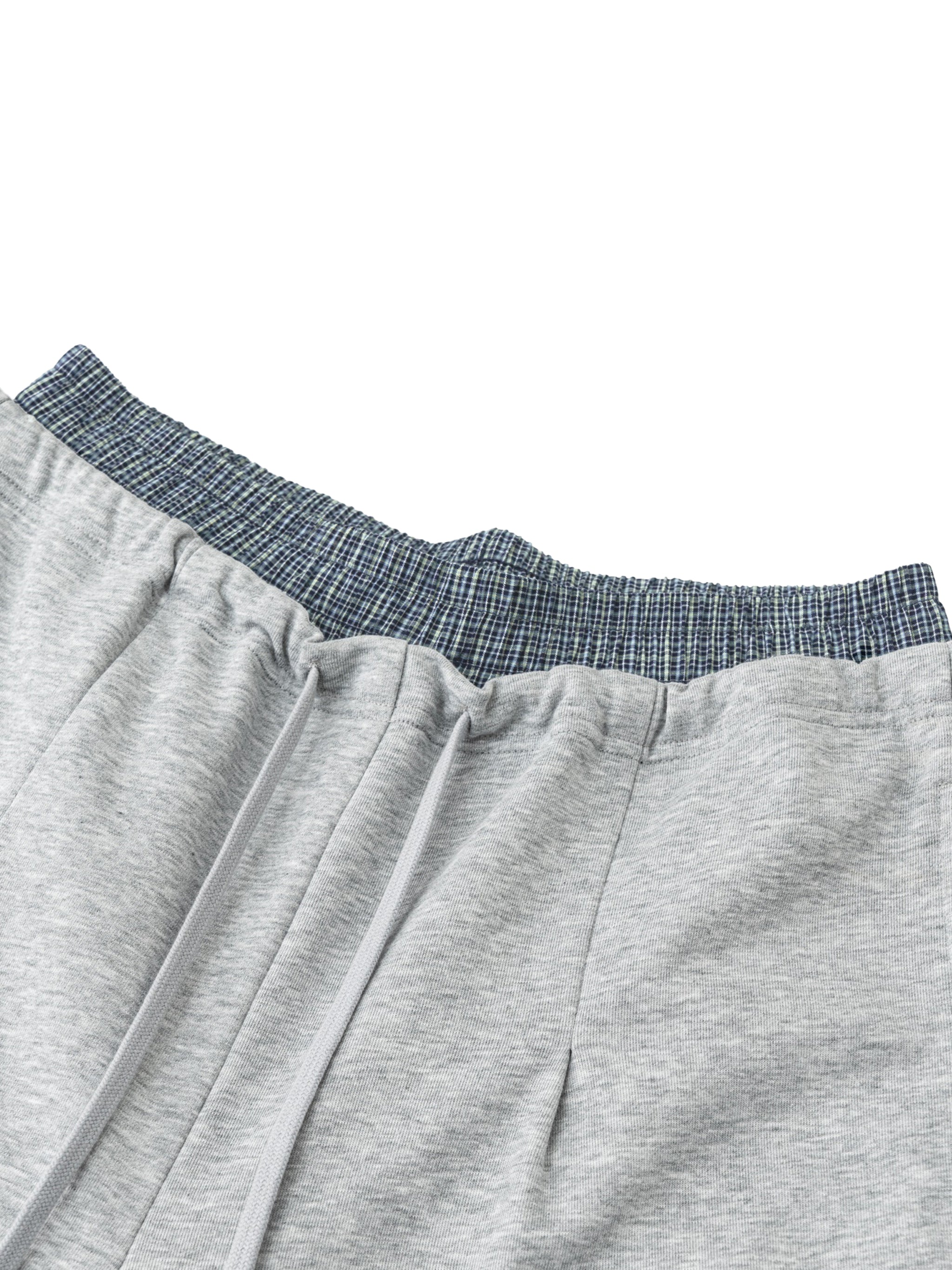 Gray cotton-polyester blend plaid contrast waist pants with drawstring, ideal for casual or sporty wear.