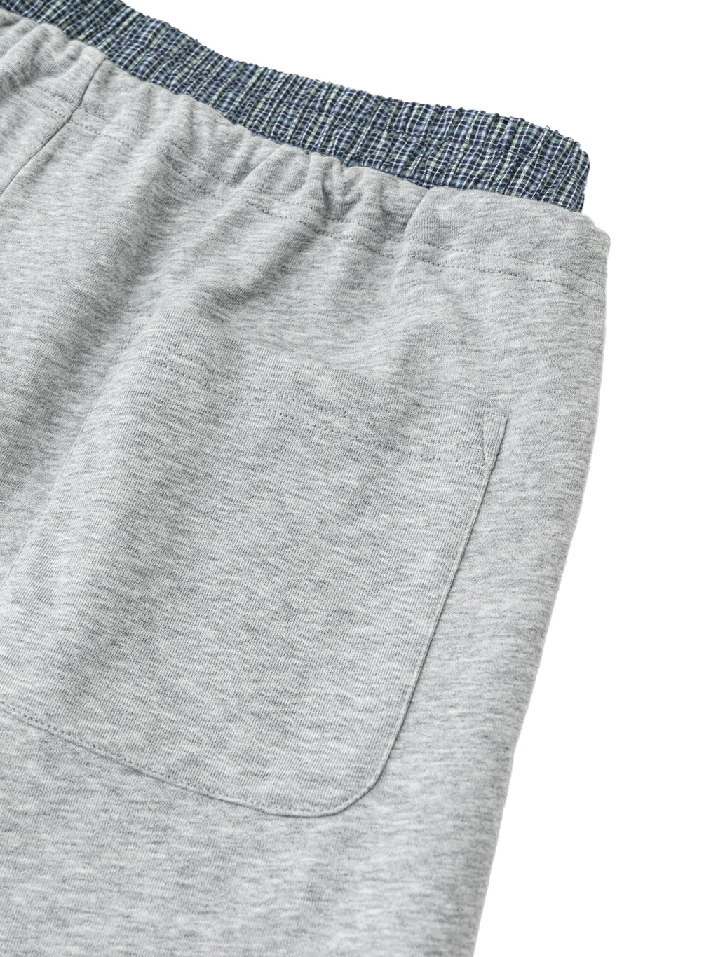 Gray cotton-polyester blend Plaid Contrast Waist Pants with a blue plaid elastic waistband and a back pocket.