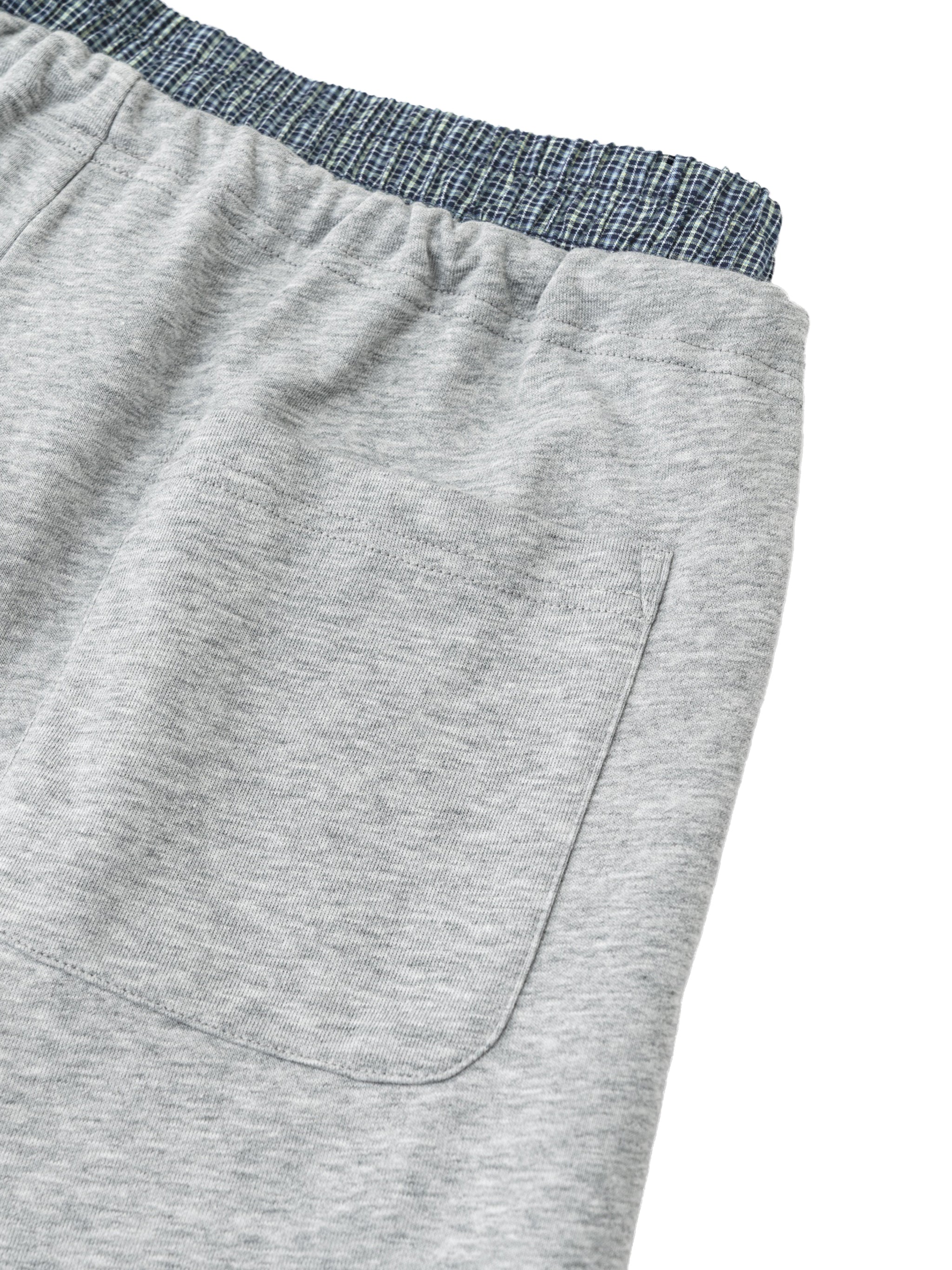 Gray cotton-polyester blend Plaid Contrast Waist Pants with a blue plaid elastic waistband and a back pocket.