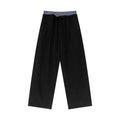 Black unisex plaid contrast waist pants with drawstring.