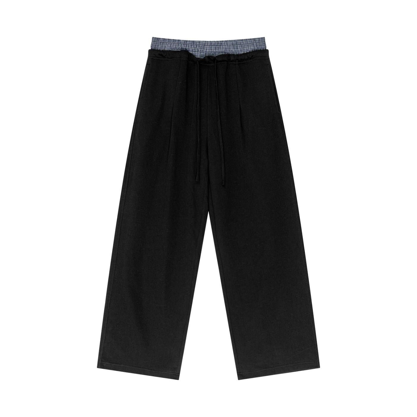 Black unisex plaid contrast waist pants with drawstring.