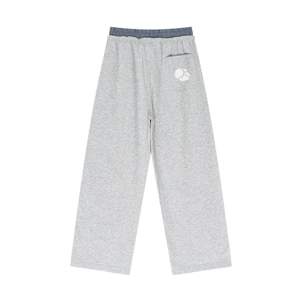 Unisex grey cotton-polyester blend plaid contrast waist pants with a white logo on the back pocket.
