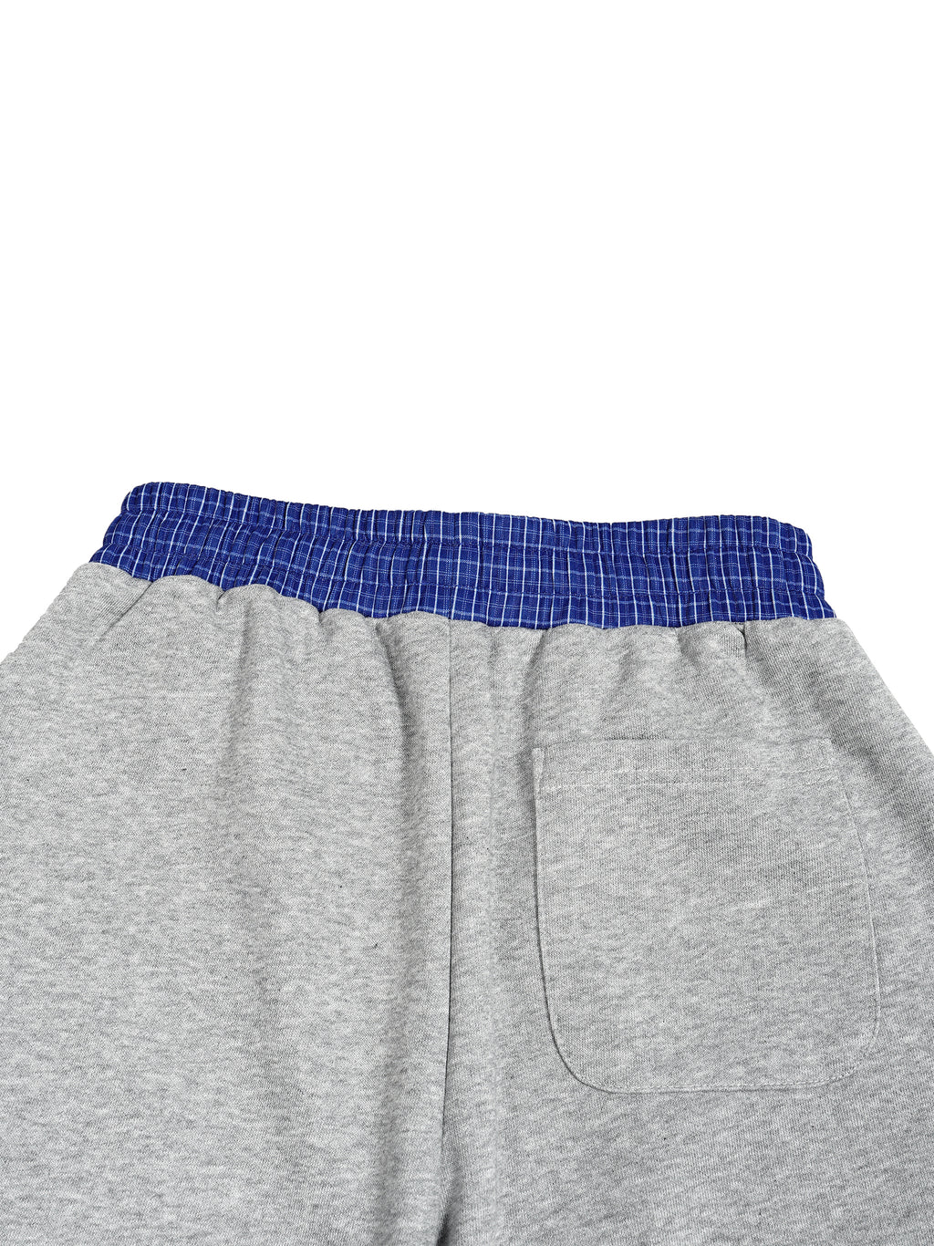 Gray barrel sweatpants with a blue and white plaid elastic waistband and a back patch pocket.