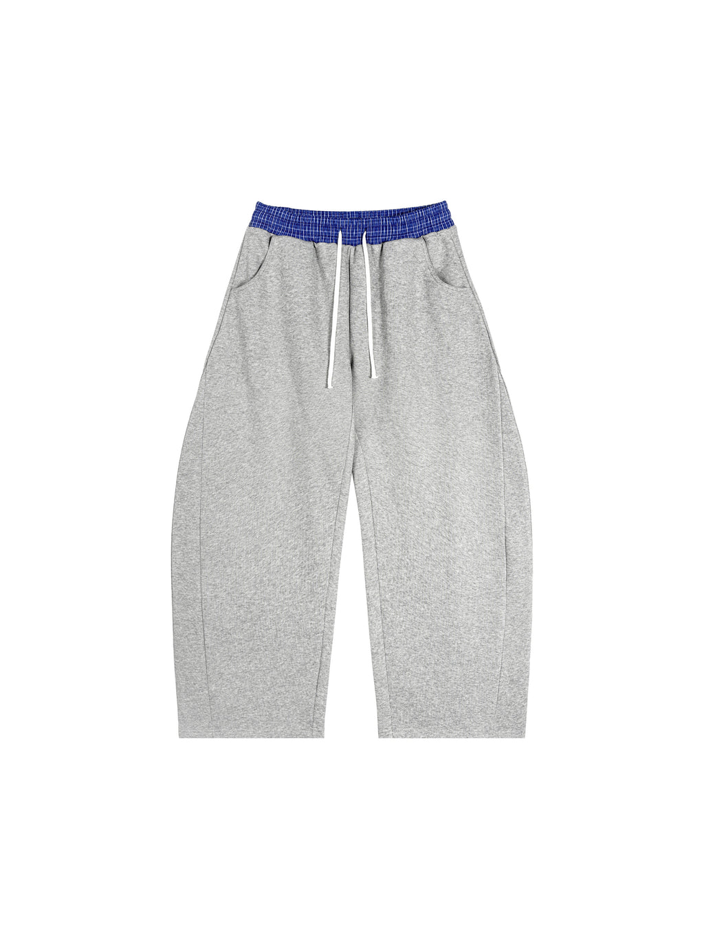 Loose fit gray barrel sweatpants with a blue plaid waistband and white drawstring.