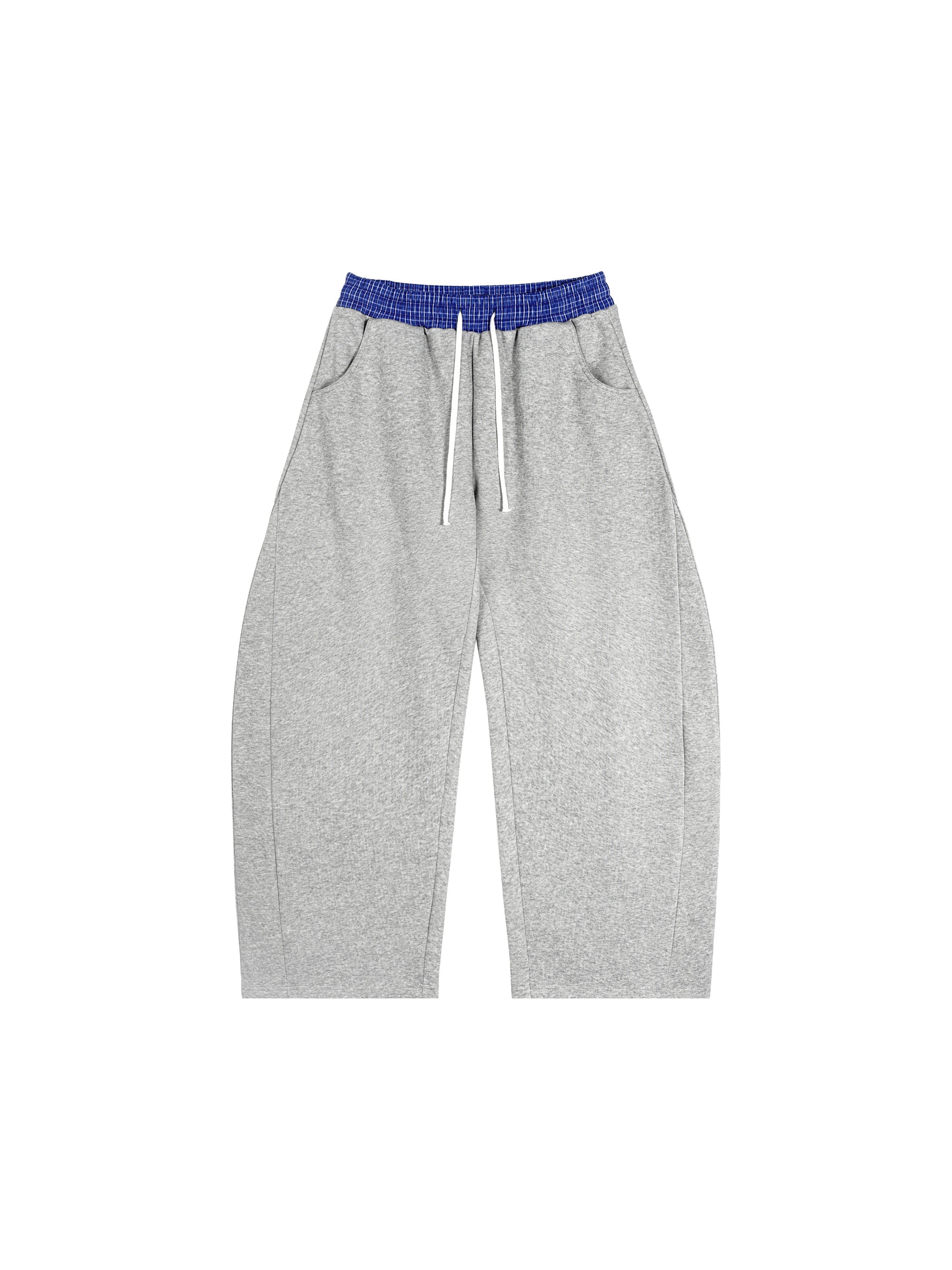 Loose fit gray barrel sweatpants with a blue plaid waistband and white drawstring.