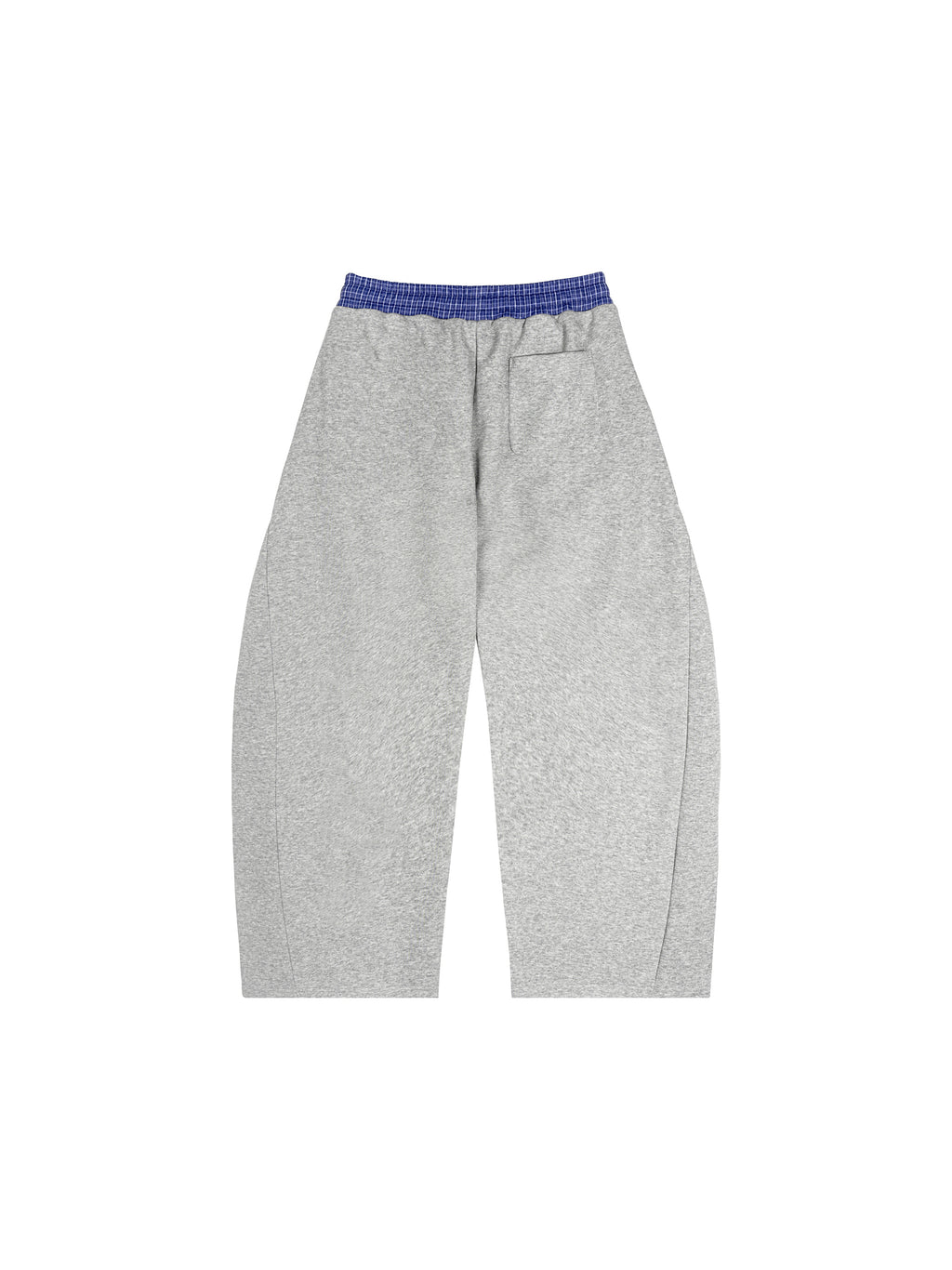 Gray cotton blend barrel sweatpants with a blue plaid waistband and back pocket.