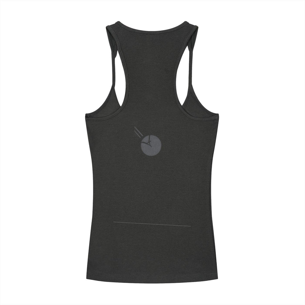 Back view of a black slim-fit ribbed racerback tank top with a subtle dark grey graphic.