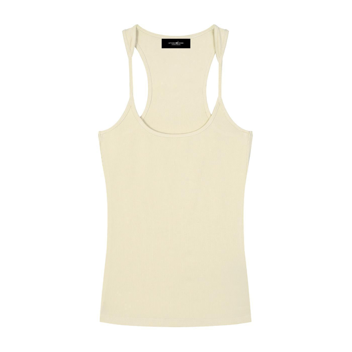 Slim fit ribbed racerback tank top in light beige cotton blend, featuring a U-neck and bodycon crop style.