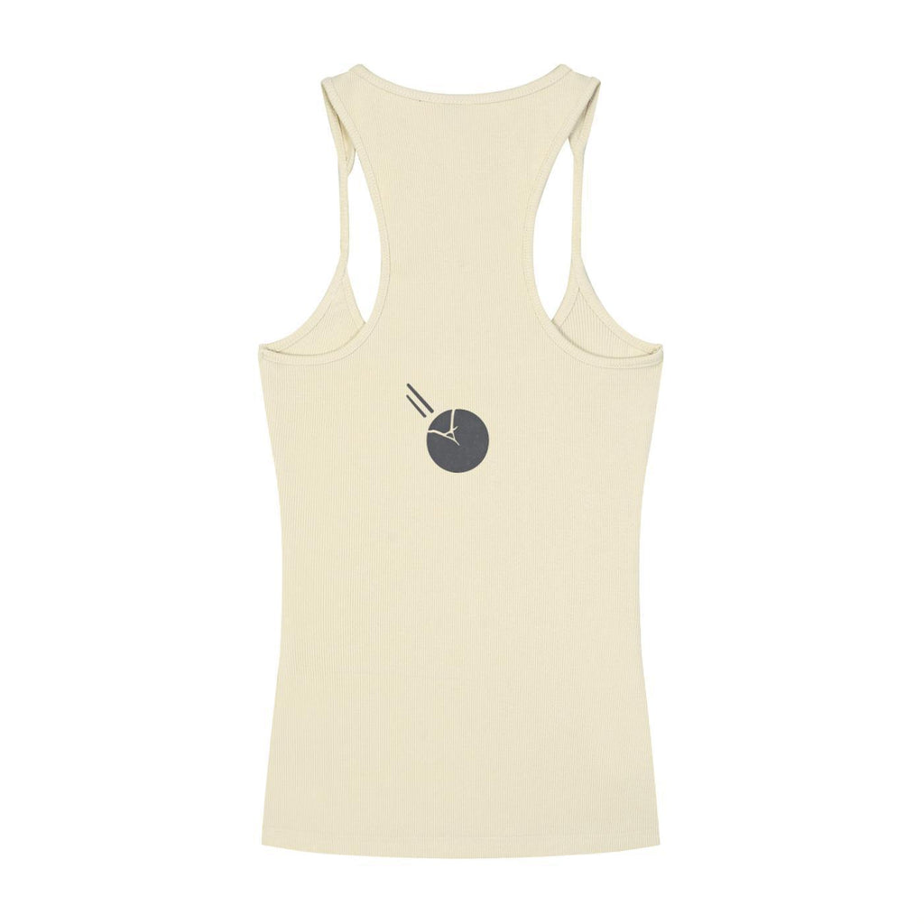 Back view of a slim fit ribbed racerback tank top in light beige with a dark grey graphic print.
