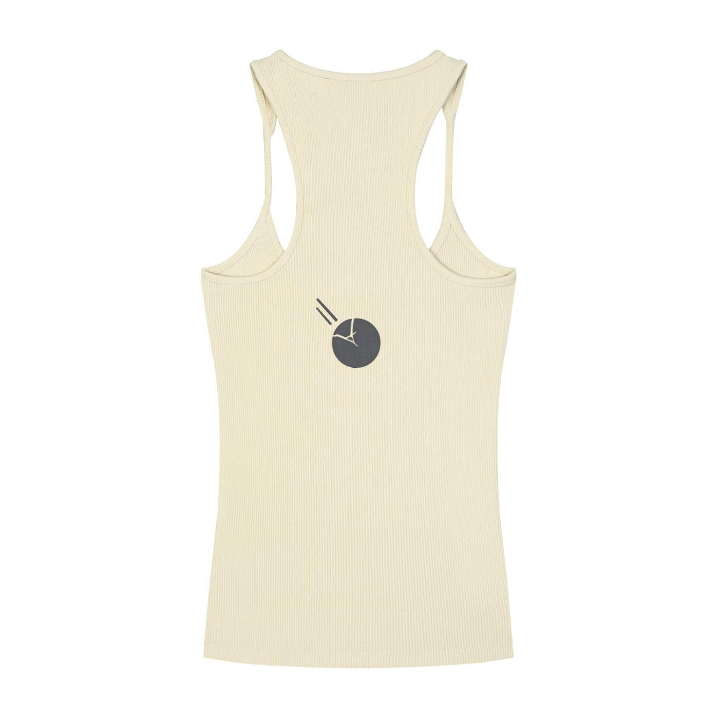 Back view of a slim fit ribbed racerback tank top in light beige with a dark grey graphic print.