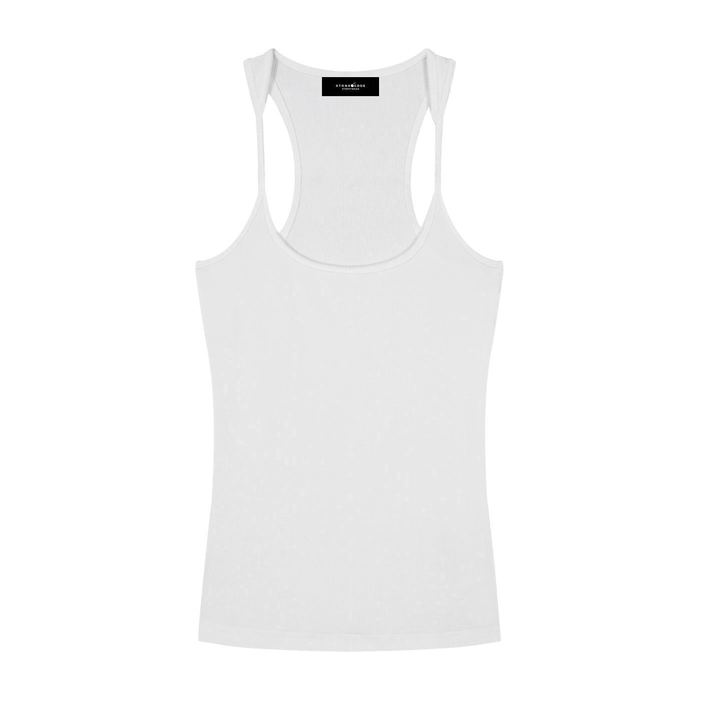 White slim fit ribbed racerback tank top with U-neck, made from a cotton blend.