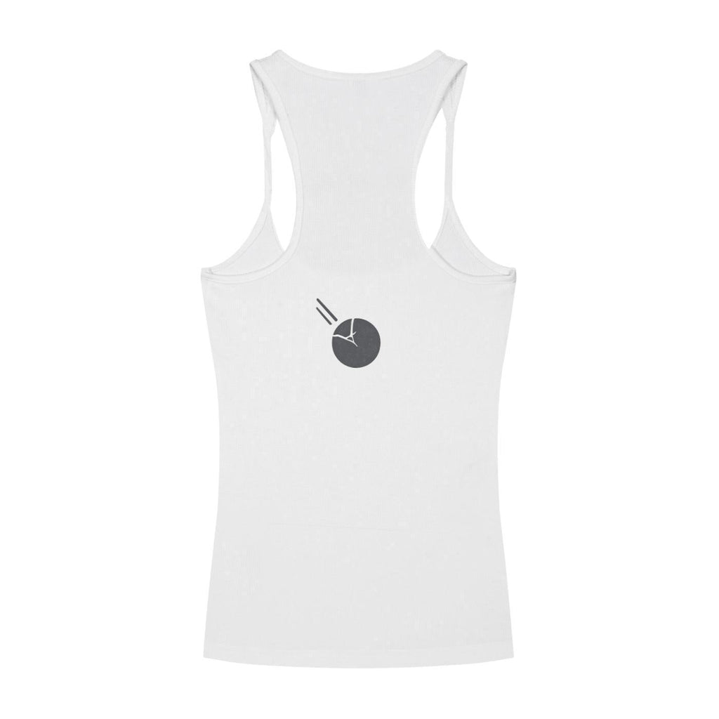 Back of a white slim fit ribbed racerback tank top with a dark grey graphic print.