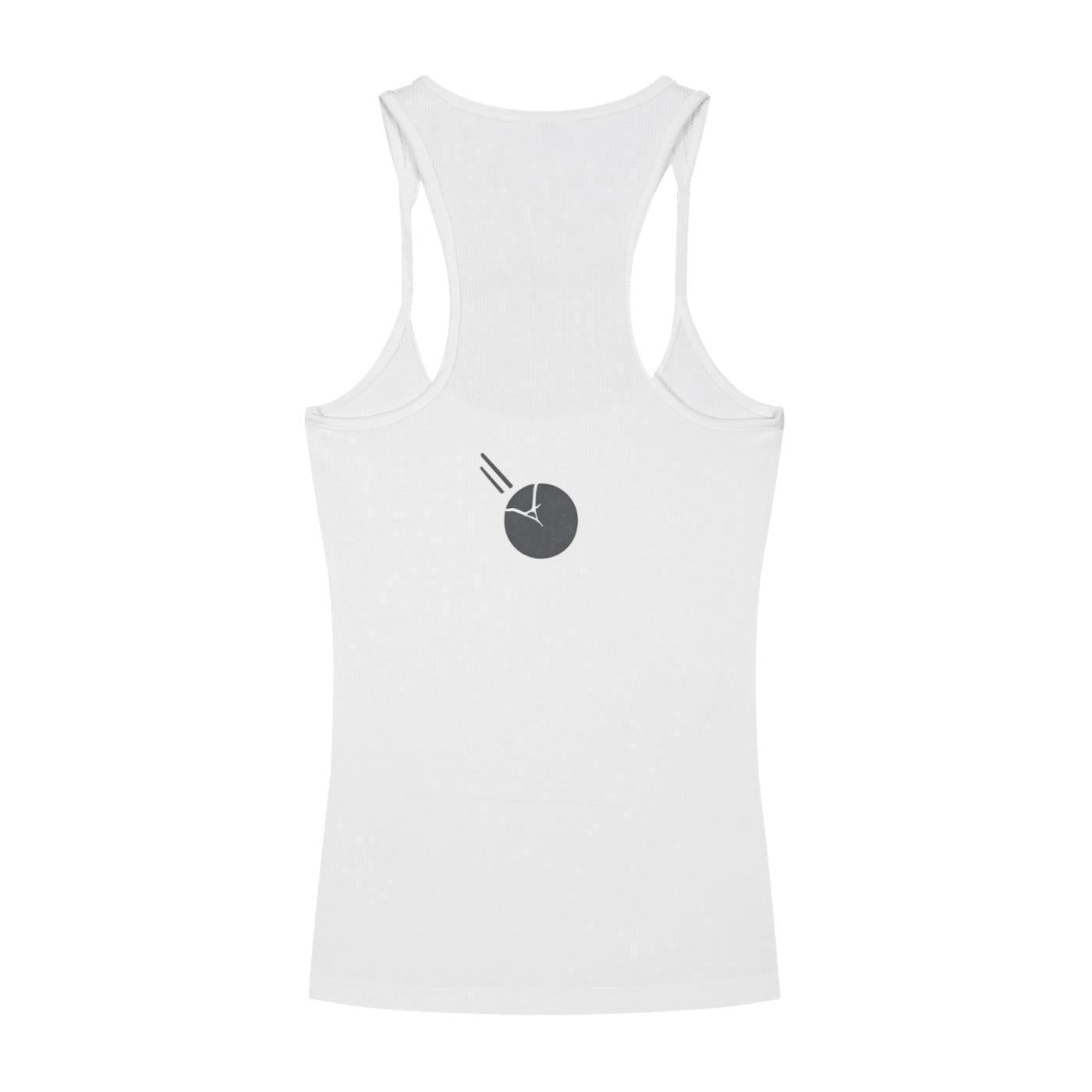 Back of a white slim fit ribbed racerback tank top with a dark grey graphic print.
