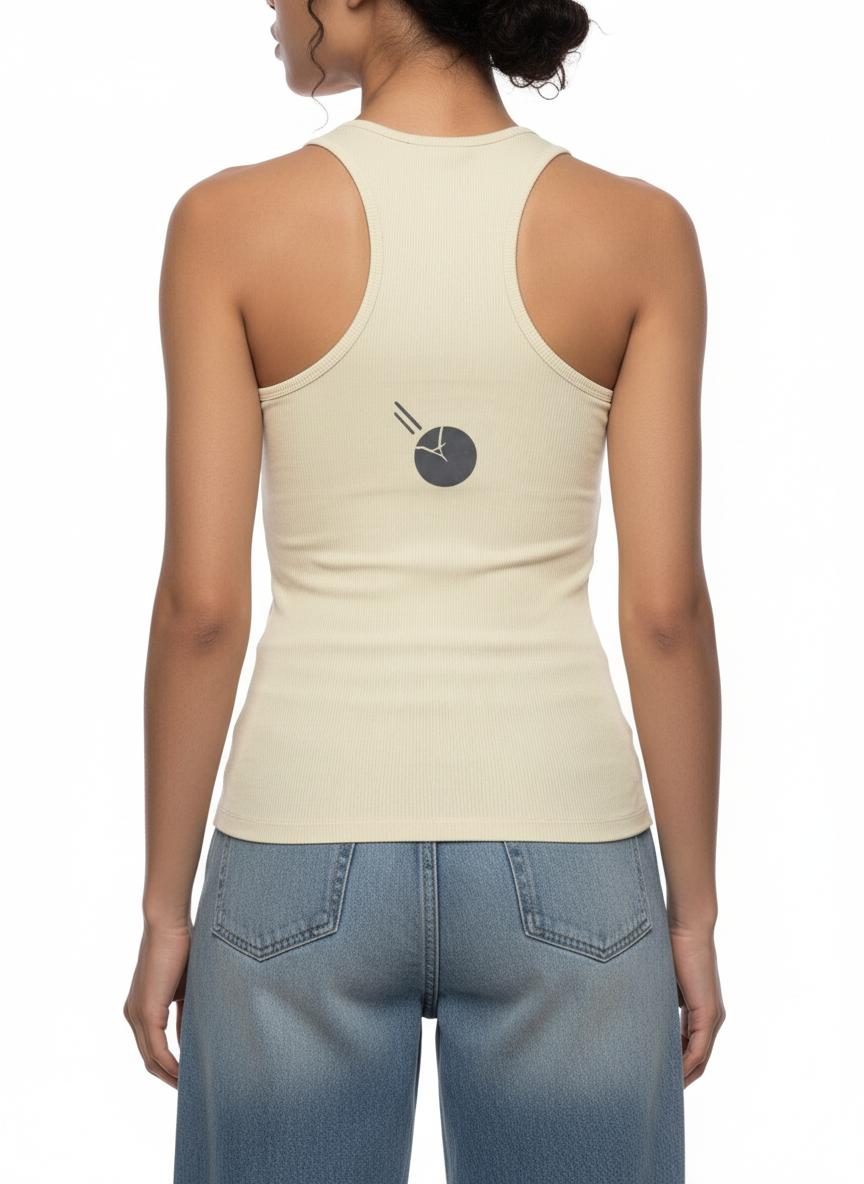 Back view of a women's slim fit ribbed racerback tank top in light beige with a dark grey graphic.