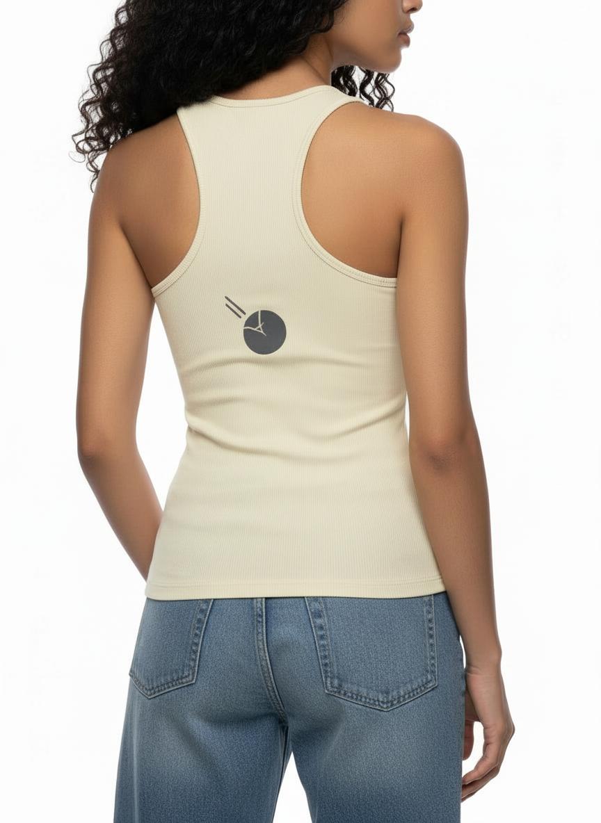 Back view of a woman wearing a slim fit, ribbed, cream racerback tank top with a dark grey logo.
