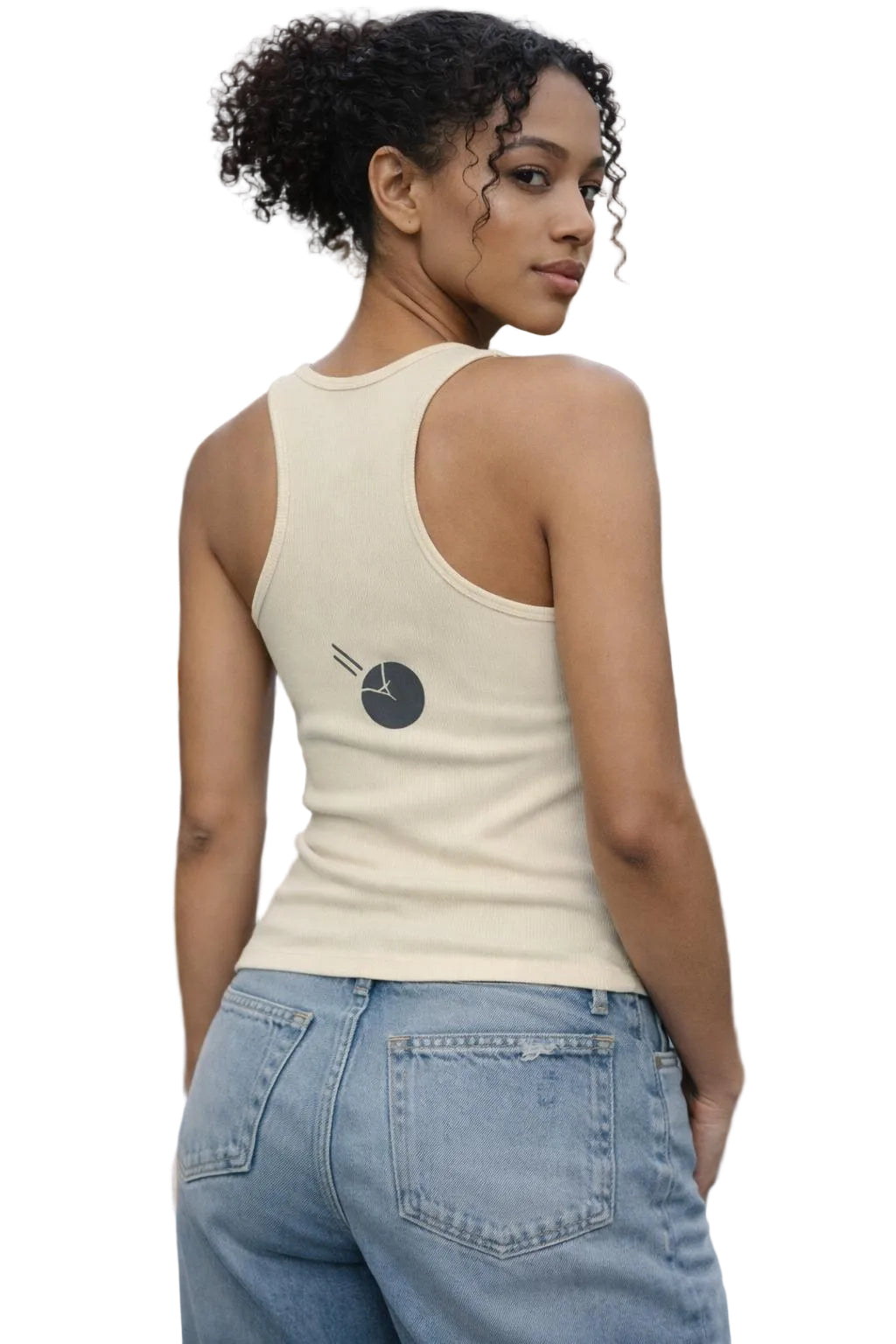 Woman modeling a slim fit, ribbed racerback tank top in light beige with a dark circular graphic on the back.