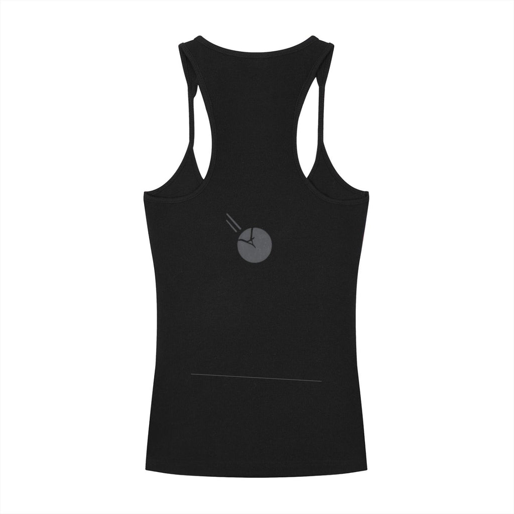 Black slim fit ribbed racerback tank top with a subtle gray graphic on the back.