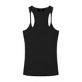 Black slim fit ribbed racerback tank top made from a cotton-spandex blend, featuring a U-neck and crop length.