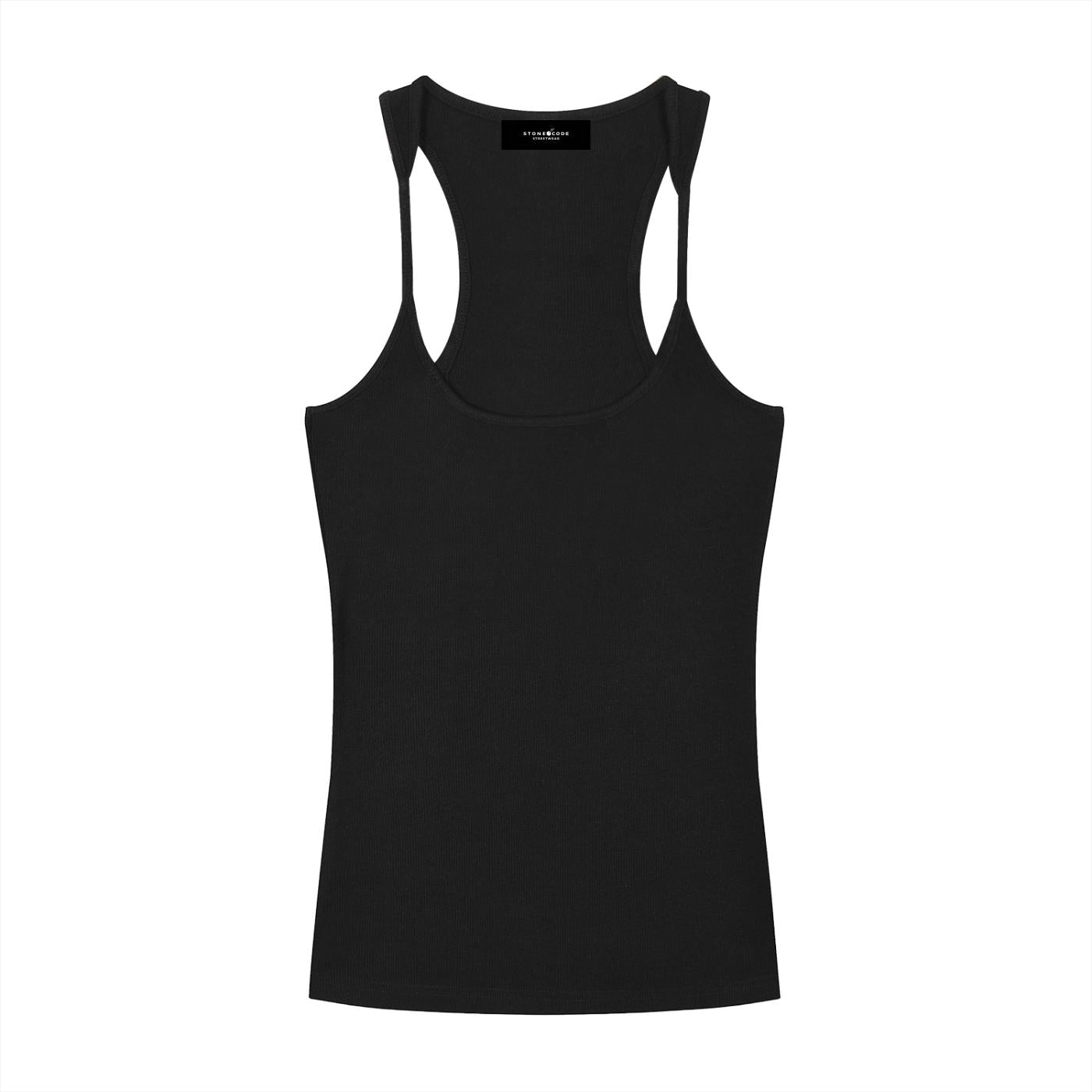 Black slim fit ribbed racerback tank top made from a cotton-spandex blend, featuring a U-neck and crop length.