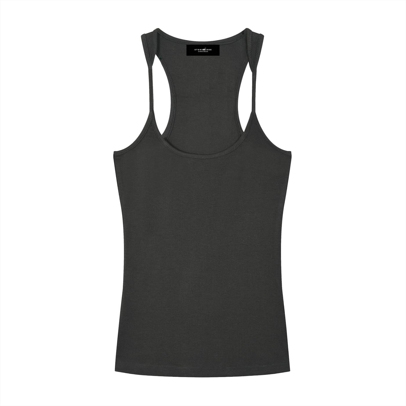 Dark gray slim fit ribbed racerback tank top made from a cotton-spandex blend, featuring a U-neck and crop length.