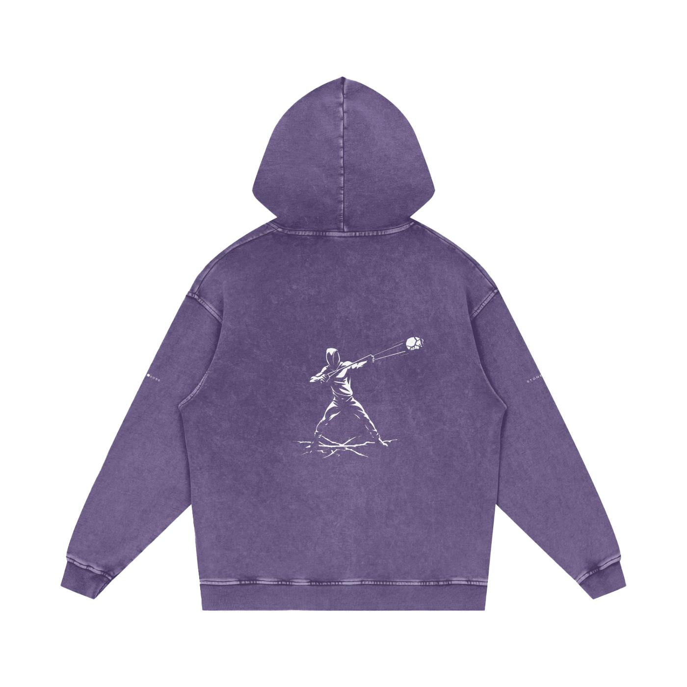 Unisex snow washed loose cotton hoodie in purple with a white graphic print on the back.