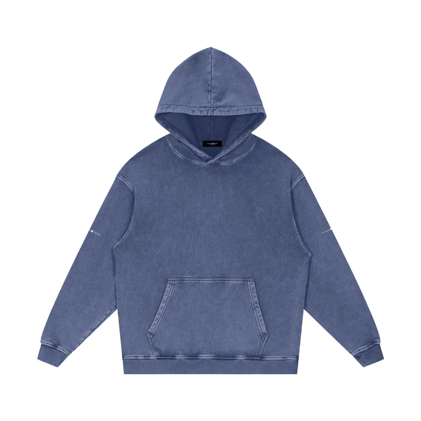 Unisex snow washed loose cotton hoodie in blue with hood, long sleeves, rib cuffs, and front pocket.