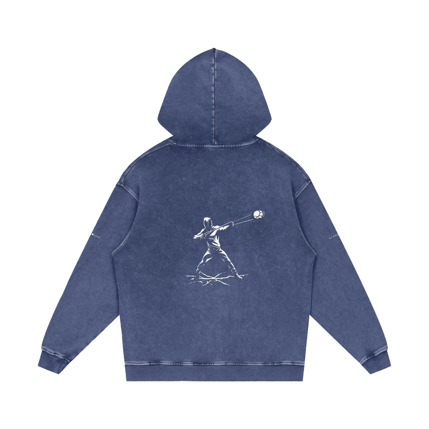 Back of a snow washed loose cotton hoodie in blue with a white graphic print of a person throwing a ball.