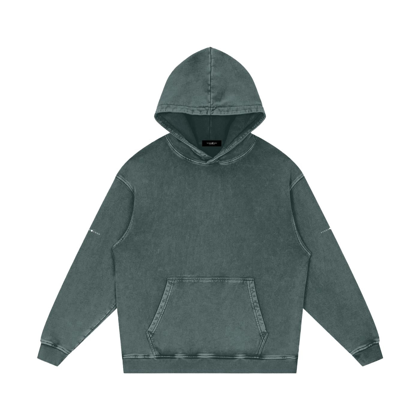 Snow washed loose cotton hoodie in dark grey with a front pocket and ribbed cuffs.