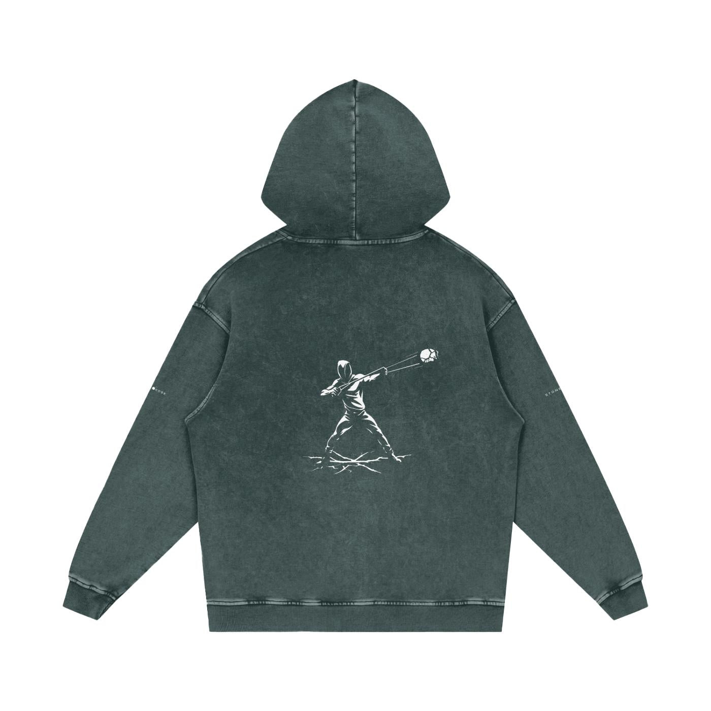 Back view of a snow-washed loose cotton hoodie in dark grey with a white graphic print of a person throwing a ball.