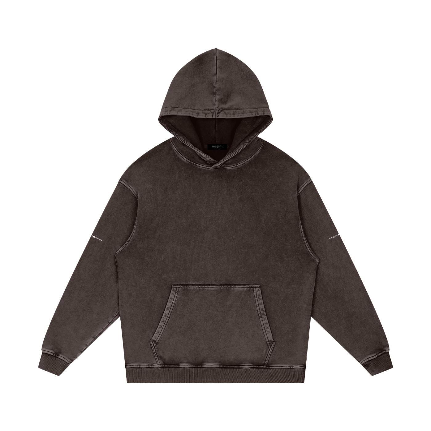 Unisex snow washed loose cotton hoodie in dark brown with front pocket and hood.