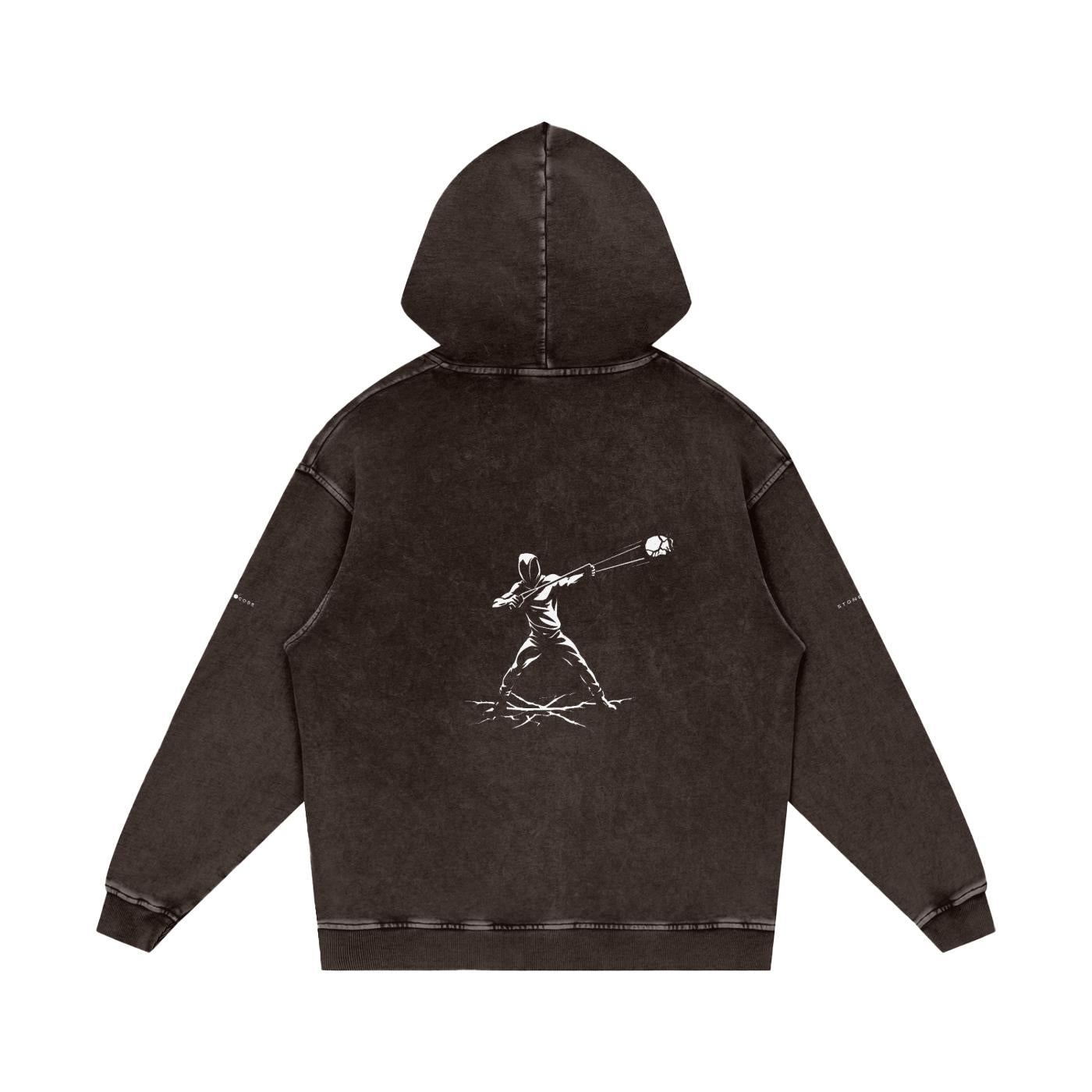 Snow washed loose cotton hoodie in dark brown with a white graphic print of a figure throwing a ball on the back.