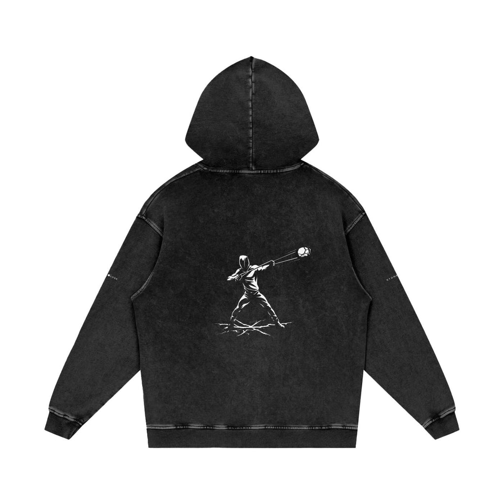 Snow washed black loose cotton hoodie with a white graphic print of a person throwing a ball on the back.