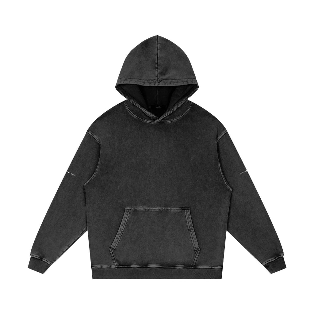 Unisex snow washed loose cotton hoodie in dark grey with a front pocket and ribbed cuffs.