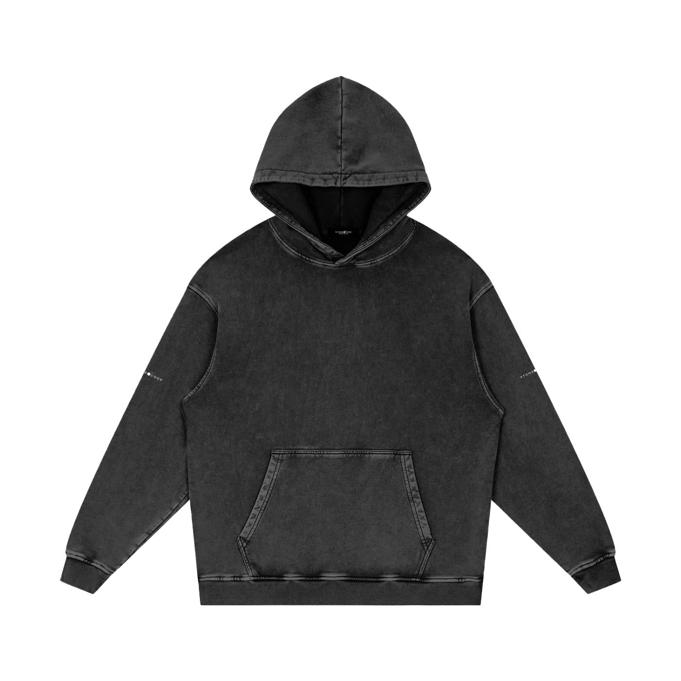 Unisex snow washed loose cotton hoodie in dark grey with a front pocket and ribbed cuffs.