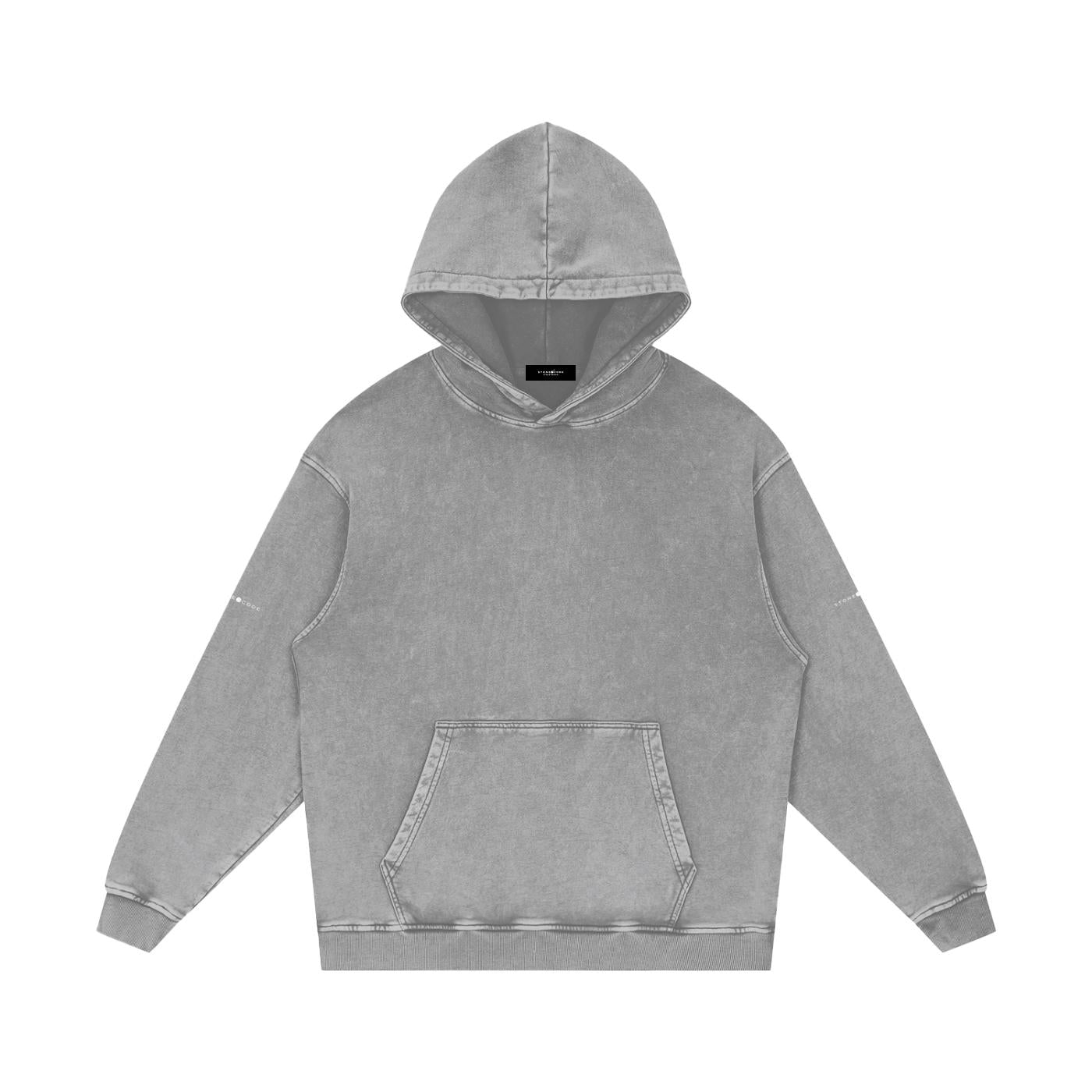 Unisex snow washed loose cotton hoodie in grey with a front pocket and ribbed cuffs.