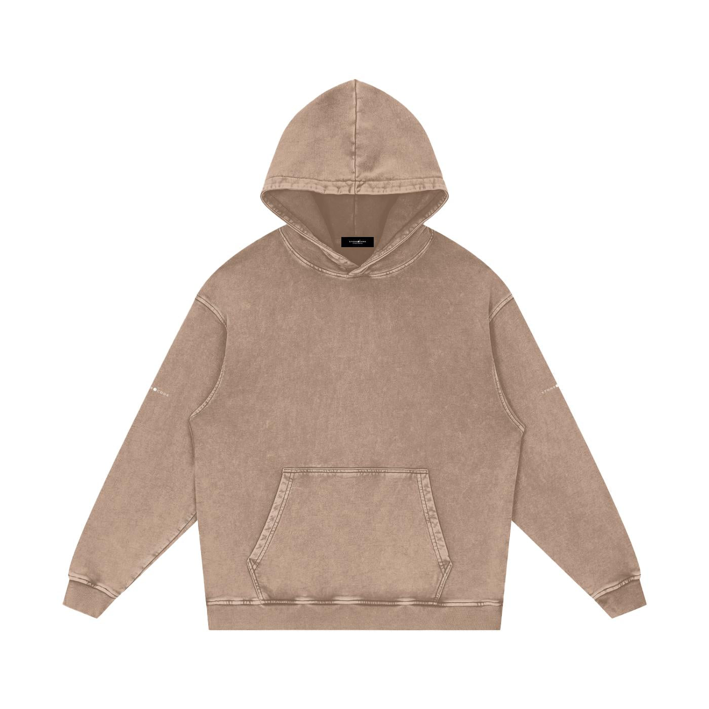 Snow washed loose cotton hoodie in a neutral brown, featuring a hood, long sleeves, and front pocket.