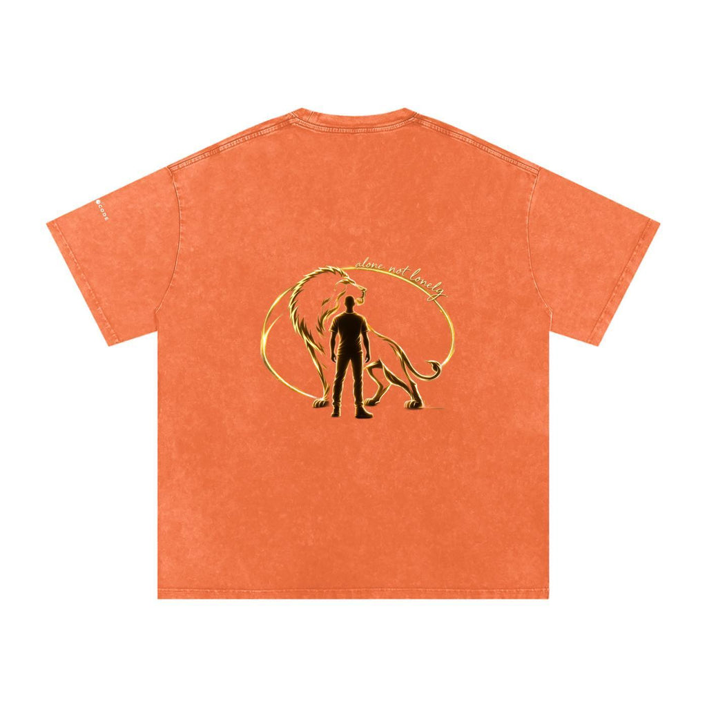 Snow washed oversized orange cotton t-shirt with a golden lion and man graphic on the back.