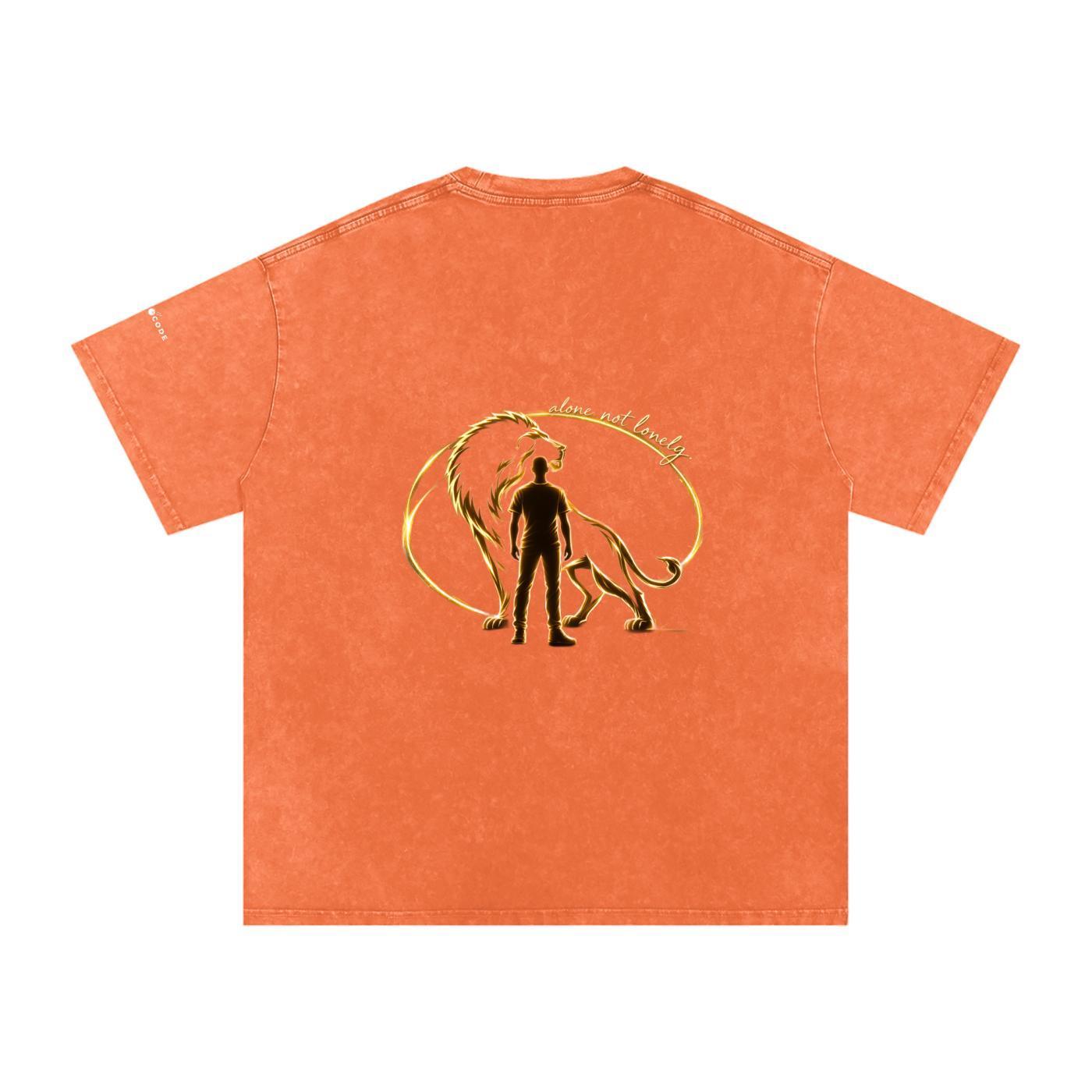 Snow washed oversized orange cotton t-shirt with a golden lion and man graphic on the back.