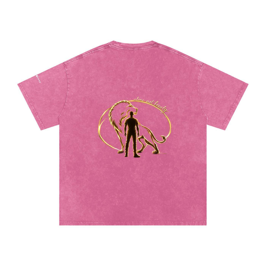 Pink snow-washed oversized cotton t-shirt with a gold lion and man graphic on the back.