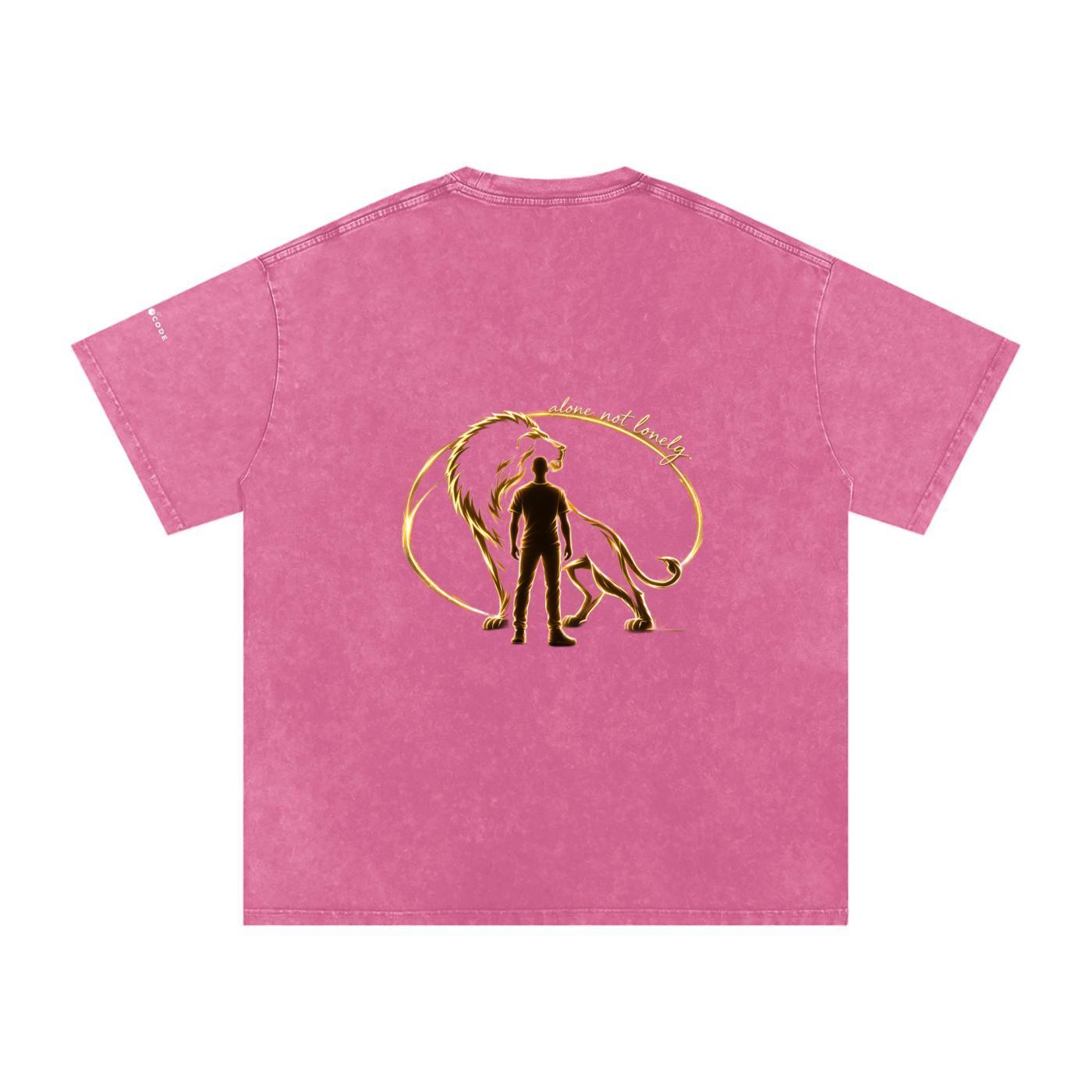 Pink snow-washed oversized cotton t-shirt with a gold lion and man graphic on the back.