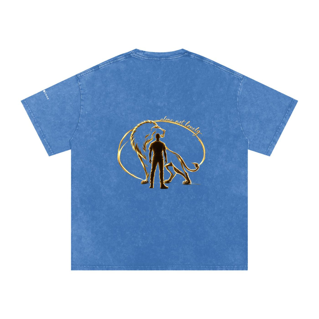 Snow washed oversized blue cotton t-shirt with a gold lion and man graphic on the back.