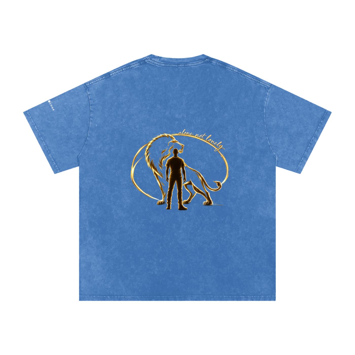 Snow washed oversized blue cotton t-shirt with a gold lion and man graphic on the back.