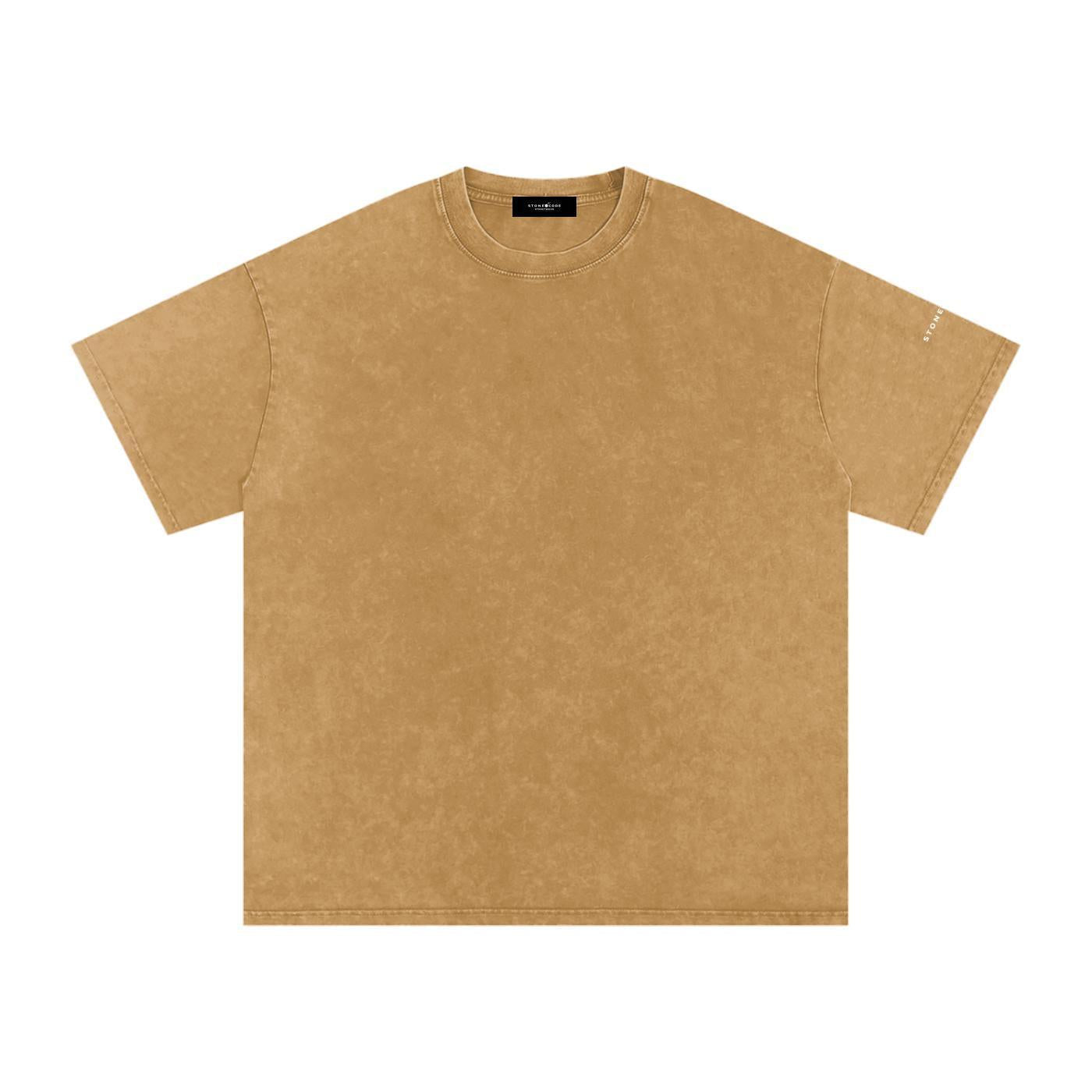 Snow washed oversized cotton t-shirt in camel with drop shoulders and a subtle sleeve print.