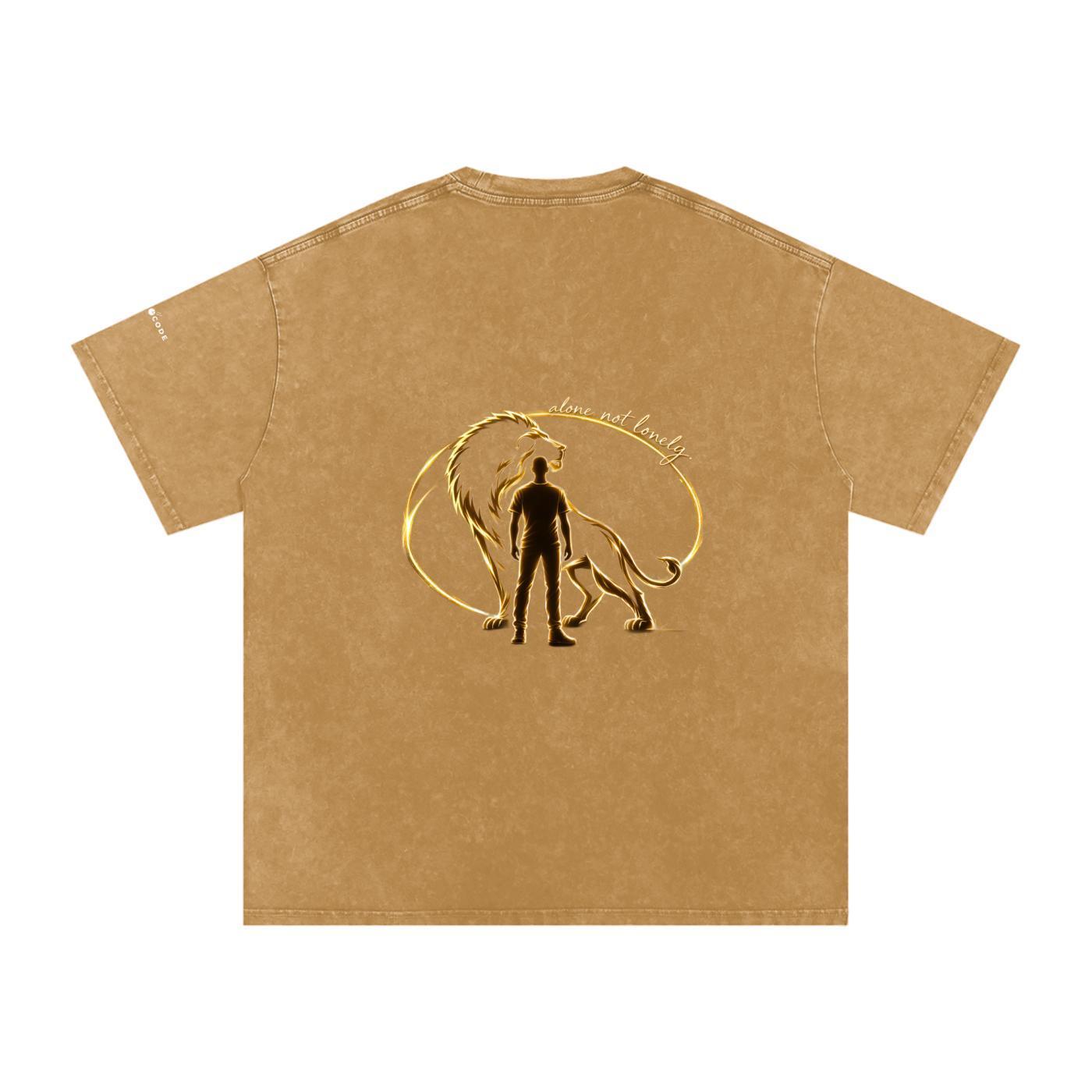 Back of a snow washed oversized cotton t-shirt in brown with a gold lion and man graphic.