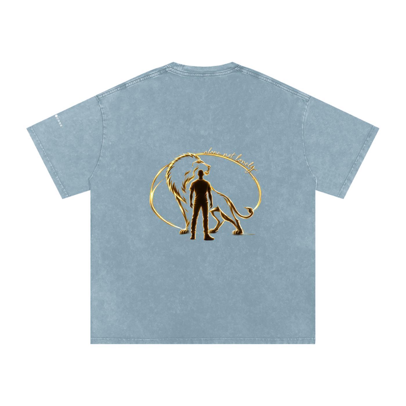 Snow washed oversized cotton t-shirt in light blue with gold lion and man graphic on back.